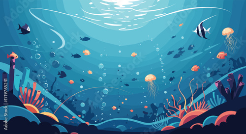 Underwater pixel art ocean scene with diverse marine life and vibrant coral reefs.