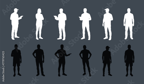 Male silhouette posture, black and white contrast, gesture sketch, object interaction, standing pose, minimalist design, lifestyle motion, anatomy reference