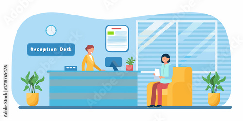 Friendly receptionist at a modern reception desk assists a waiting visitor in a bright office lobby