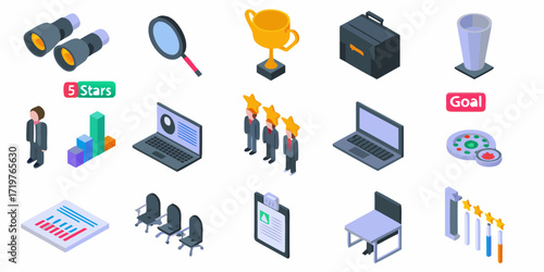 Collection of isometric business icons representing success strategy and performance metrics