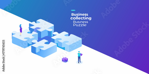 Business people collecting and assembling puzzle pieces to solve complex problems and achieve goals