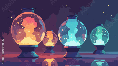Lava lamp still life — oversized lava globes on reflective table, soft glow, amber and teal