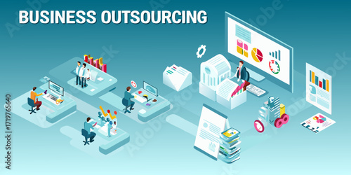 Business outsourcing concept with isometric people working in offices and analyzing data