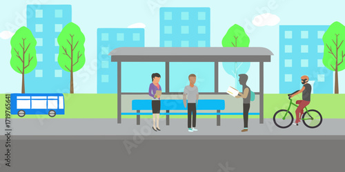 Diverse group of people waiting at a city bus stop with buildings and trees in the background