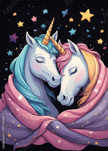 Two unicorns wrapped in blankets, enjoying a starry night together in a dreamy setting