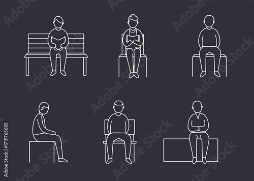 Seated bench posture, minimalist line drawing, human figure sketch, reading pose, casual sitting, ergonomic study, lifestyle motion reference