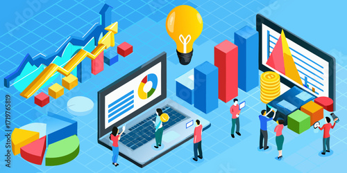 Isometric illustration of people analyzing financial data and charts on a blue grid background with a lightbulb and coins