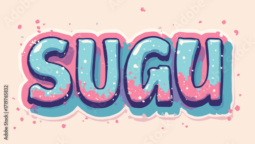 Shiny sticker typography — stacked sticker letters with peel corner and glue specks, bubblegum & teal