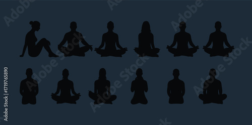 Seated yoga silhouette, meditation posture variation, minimalist figure sketch, relaxation pose, lifestyle anatomy, motion study, body reference, dark background