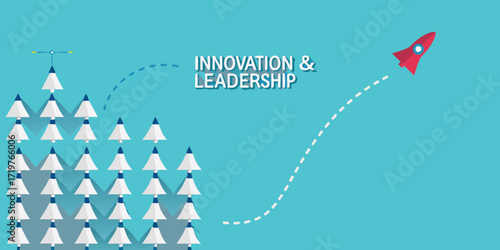 Red rocket launching upwards from a group of white cones representing innovation and leadership