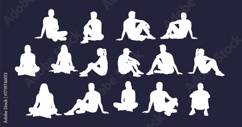 Silhouette sitting poses, diverse seated postures, male and female figures, body language study, fashion illustration reference, posture design elements