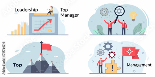 Business concepts of leadership top management strategy goal achievement and problem solving illustrated in four panels