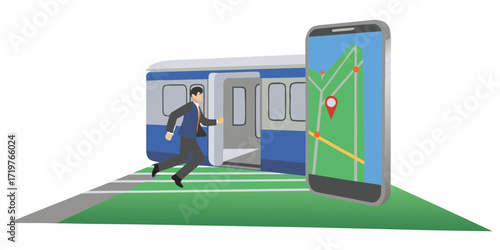 Businessman running towards an open train door with a smartphone displaying a navigation map nearby