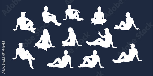 Silhouette sitting poses, relaxed seated postures, male and female figures, gesture drawing reference, body language study, fashion illustration elements