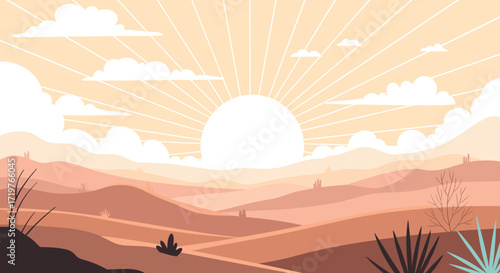 A warm sunrise paints the desert landscape with soft hues across rolling hills and sparse vegetation.