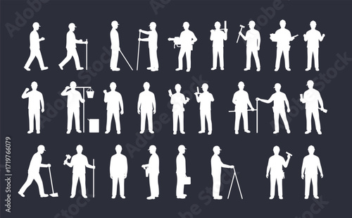 Silhouette worker poses, construction staff icons, manual labor actions, tool holding figures, surveyor illustrations, industrial motion, dark background, minimal style
