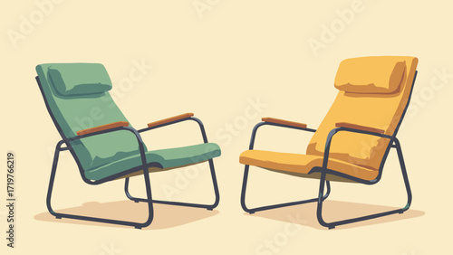 Retro lounge chairs — pair of tubular-frame lounge chairs on terrazzo, avocado green & mustard