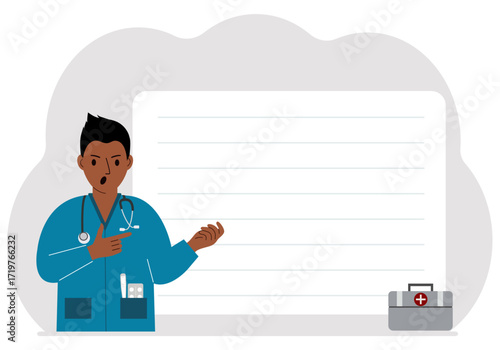 Man doctor holding a file with blank paper for text. Vector