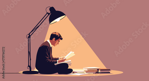 A young student diligently studying late into the night under a bright desk lamp.