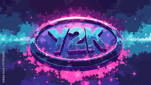 Y2K holo car emblem — polished badge floating above neon puddle, lens flare accents, palette: silver, magenta, cyan