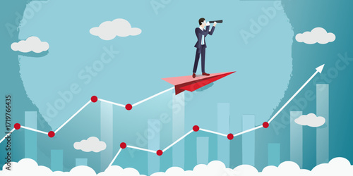 Businessman on a paper airplane looking through binoculars over a rising stock market graph with city skyline background