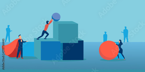 Teamwork and collaboration in business with people pushing blocks and spheres