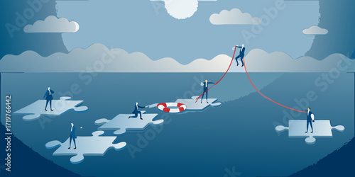 Businessmen collaborate using puzzle pieces as stepping stones to cross a vast ocean with a lifeline