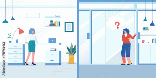 Woman in office workspace contemplating a question mark in a thought bubble outside a glass door