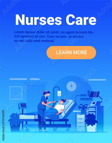 Nurses care hospital patient healthcare support nurse attending bedside medical equipment plants modern clinic blue background website banner