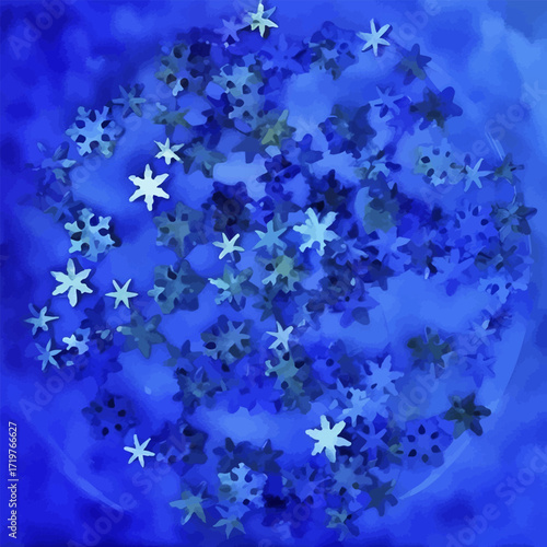 Decorative glittering stars and snowflakes on the blue backdrop symbolizing winter sky, holidays and Christmas celebration; square watercolor vector background for thematic print and digital products