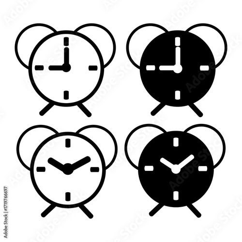 Alarm Clock Icon Set Vector in Line and Solid Style. Wake Up and Reminder Symbol Collection