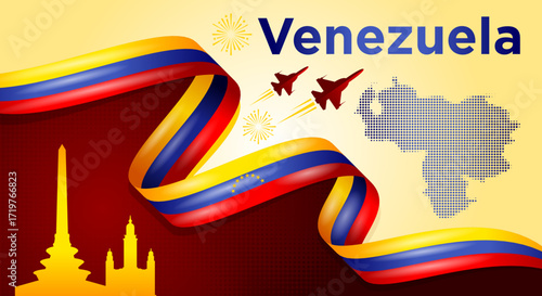 Venezuela Independence Day Banner with Flag Ribbon and Landmarks