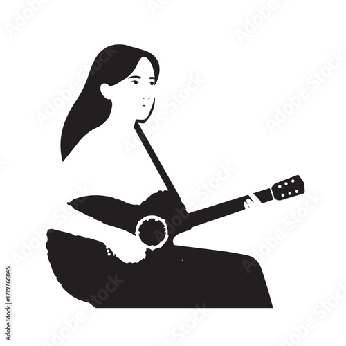 Black and white line art of a cool woman playing guitar in casual outfit minimalist stylish illustration
