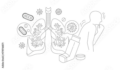 Asthma and respiratory disease , disease; lung; virus; bacteria; infection; cough; wheezing illustration isolated on white background