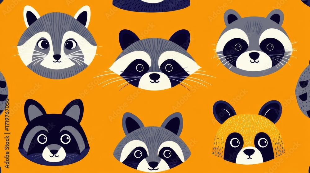 Fototapeta premium Colorful Pattern of Cartoon Raccoons and Pandas on Orange Background