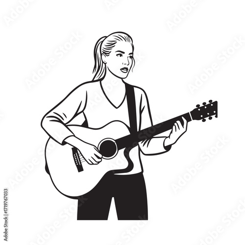 Black and white line art of a cool woman playing guitar in casual outfit minimalist stylish illustration
