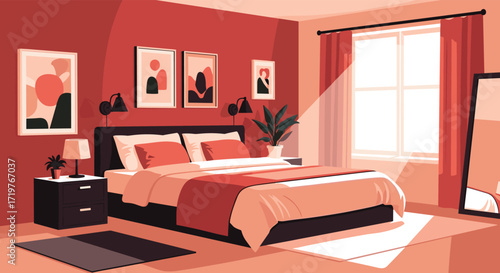 A cozy pixel art bedroom bathed in warm sunlight with modern decor.