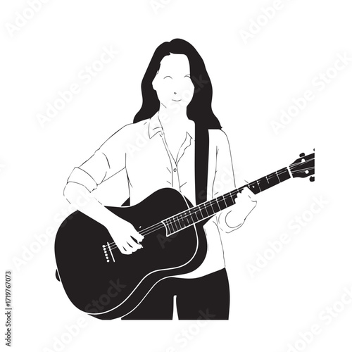 Black and white line art of a cool woman playing guitar in casual outfit minimalist stylish illustration
