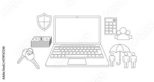 Laptop with finance and insurance ,computer; technology; internet; online; digital; icons, isolated on white background
