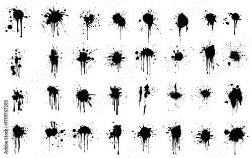 Ink splashes and drops. Grunge ink splatter, liquid drip splash, black blots and splashes. Artistic ink spots  illustration set. Black paint splash