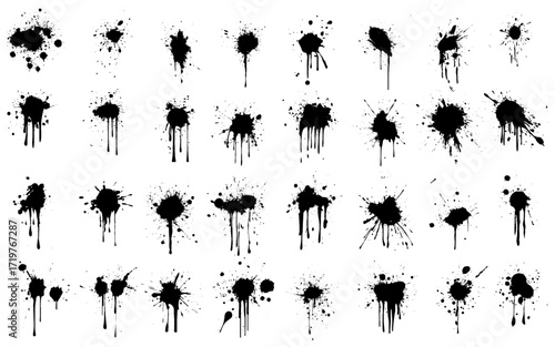 Ink splashes and drops. Grunge ink splatter, liquid drip splash, black blots and splashes. Artistic ink spots  illustration set. 