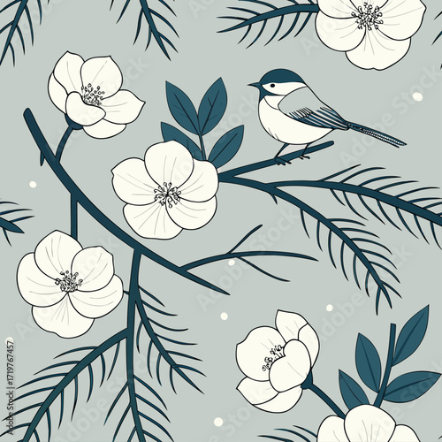 Chinoiserie garden with flower, bird seamless pattern for wallpaper.