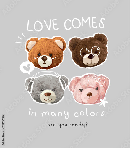 love slogan with colorful bear dolls vector illustration - created by hand drawn