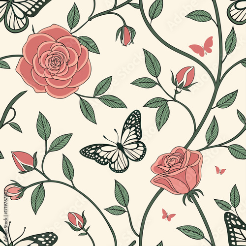 Chinoiserie garden with flower, bird seamless pattern for wallpaper.