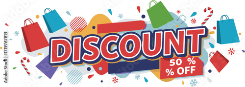 Limited time discount sale with vibrant shopping bags and festive decorations, perfect for holiday promotions and attracting customers with special offers