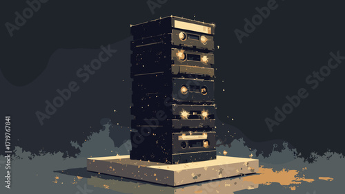 Disco cassette sculpture — stacked tapes forming column with reflected lights, terrazzo base, palette: black, gold