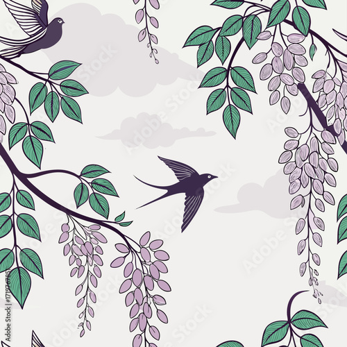 Chinoiserie garden with flower, bird seamless pattern for wallpaper.