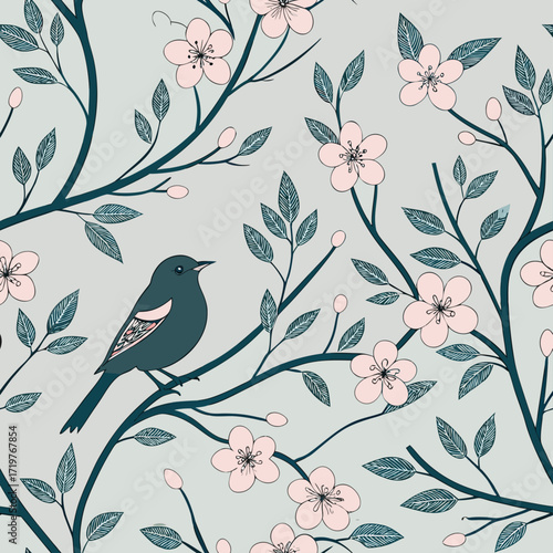 Chinoiserie garden with flower, bird seamless pattern for wallpaper.