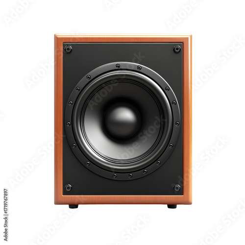 Close up of a high fidelity audio speaker driver with a wooden enclosure isolated on transparent background