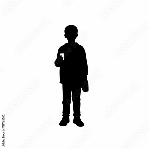 Silhouette of a boy waiting in line at a hospital pharmacy with a prescription isolated on white background